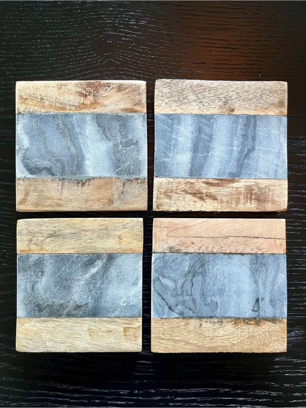 SET OF 4 WOOD AND STONE COASTERS - GRAY AND NATURAL WOOD 4”x4”
